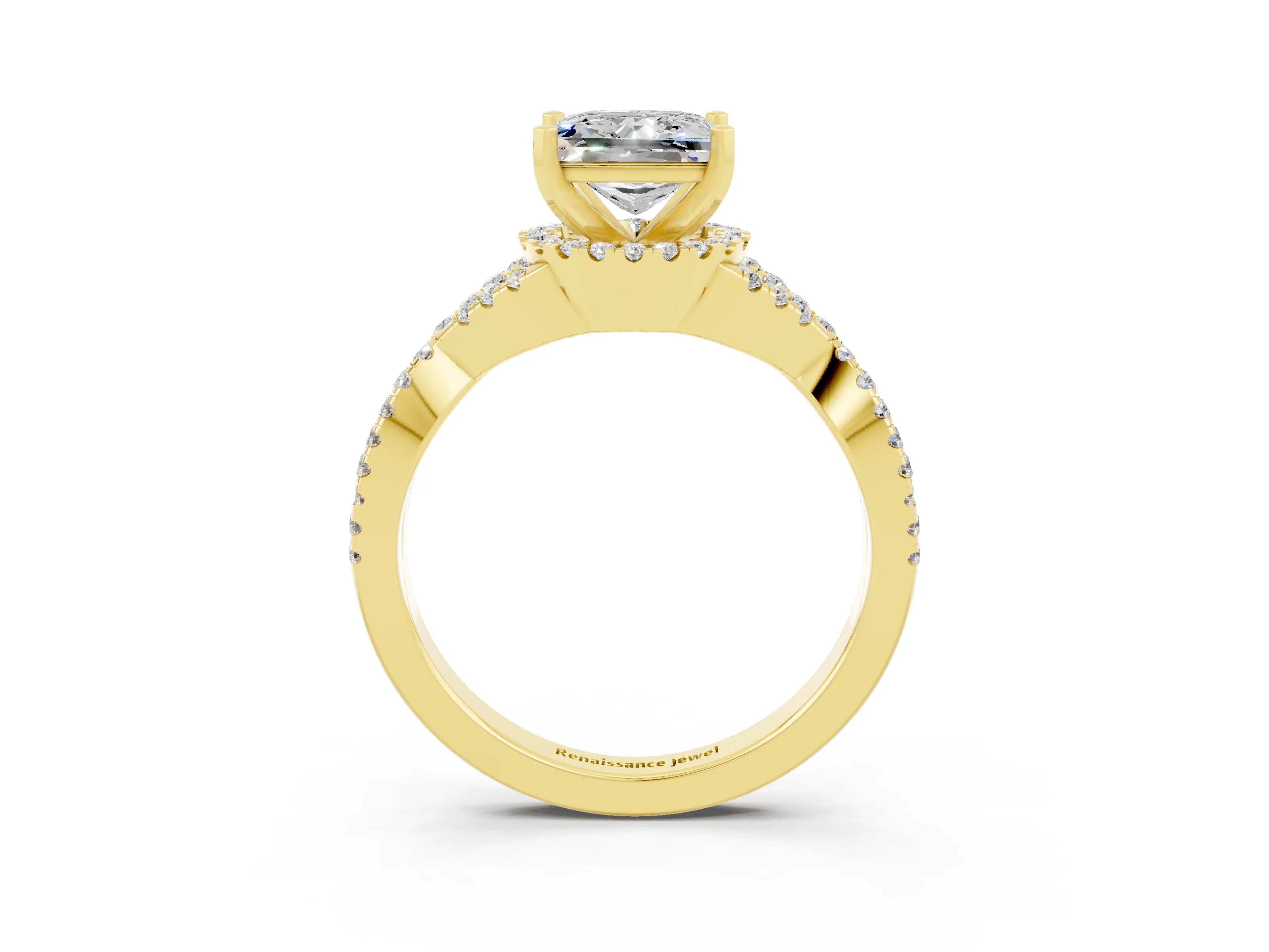 Yellow gold Princess Cut Moissanite Halo Twist Band Solitaire Prong Setting Ring_3