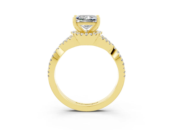 Yellow gold Princess Cut Moissanite  Halo Twist Band Solitaire Prong Setting Ring