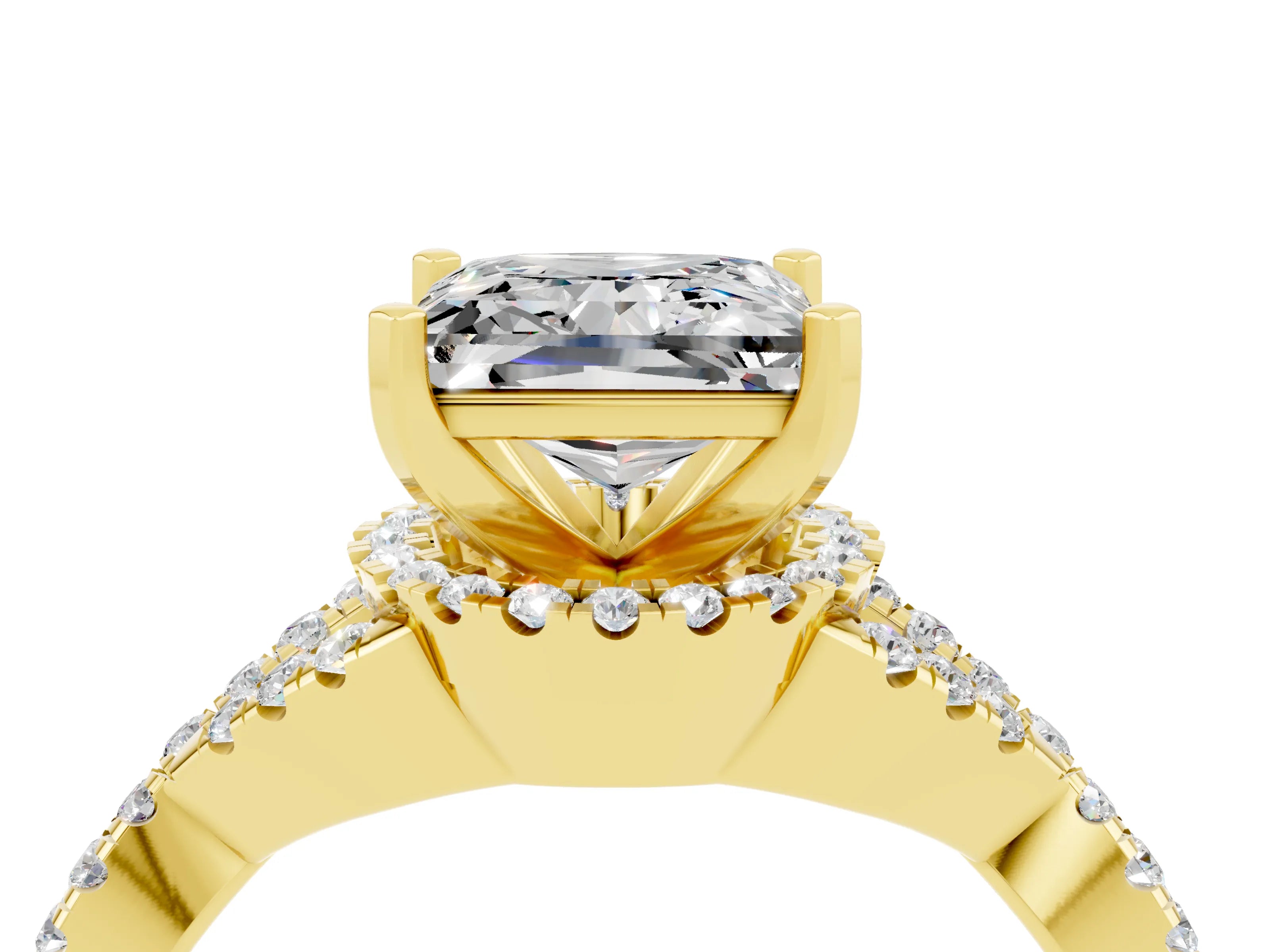 Yellow gold Princess Cut Moissanite Halo Twist Band Solitaire Prong Setting Ring_4