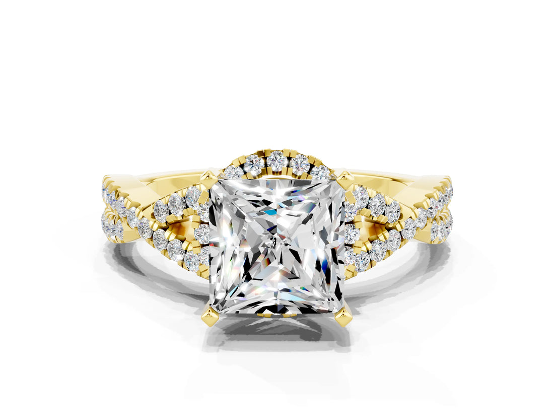 Yellow gold Princess Cut Moissanite  Halo Twist Band Solitaire Prong Setting Ring_42