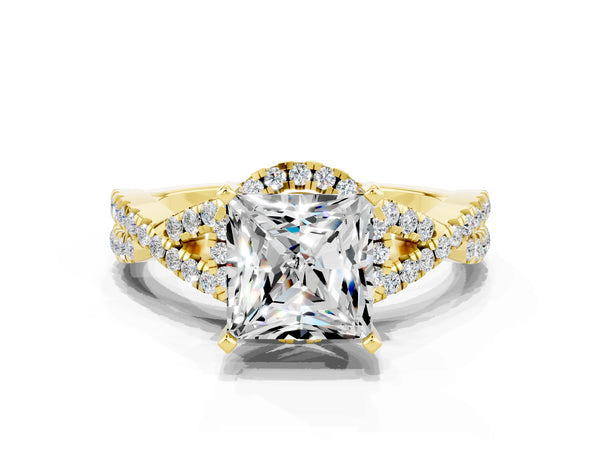 Yellow gold Princess Cut Moissanite  Halo Twist Band Solitaire Prong Setting Ring