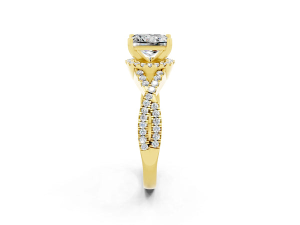 Yellow gold Princess Cut Moissanite  Halo Twist Band Solitaire Prong Setting Ring