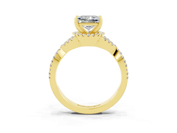 Yellow gold Princess Cut Moissanite  Halo Twist Band Solitaire Prong Setting Ring