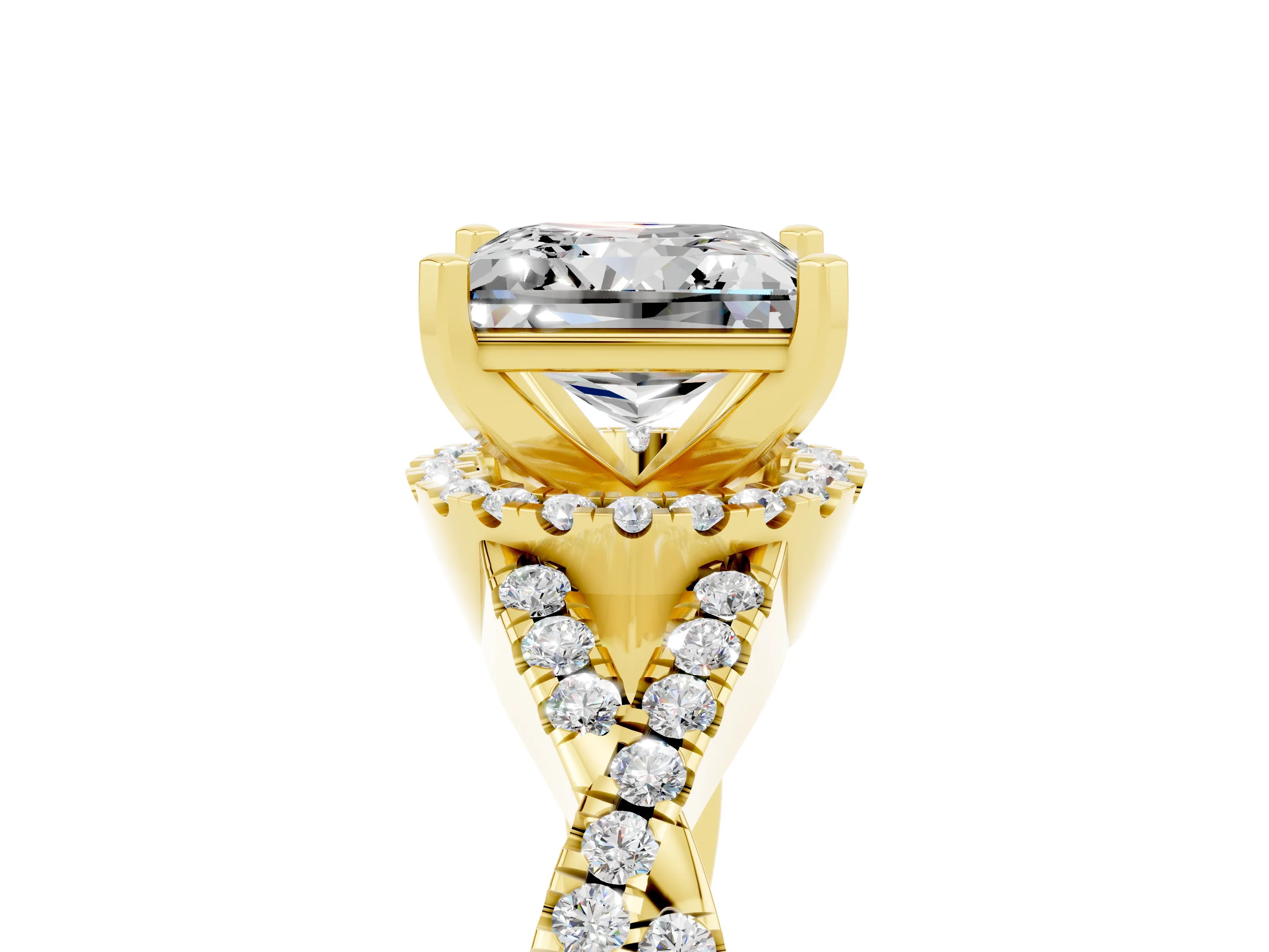 Yellow gold Princess Cut Moissanite Halo Twist Band Solitaire Prong Setting Ring_5