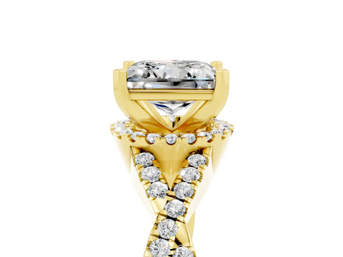 Yellow gold Princess Cut Moissanite Halo Twist Band Solitaire Prong Setting Ring_5