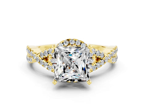 Yellow gold Princess Cut Moissanite Halo Twist Band Solitaire Prong Setting Ring