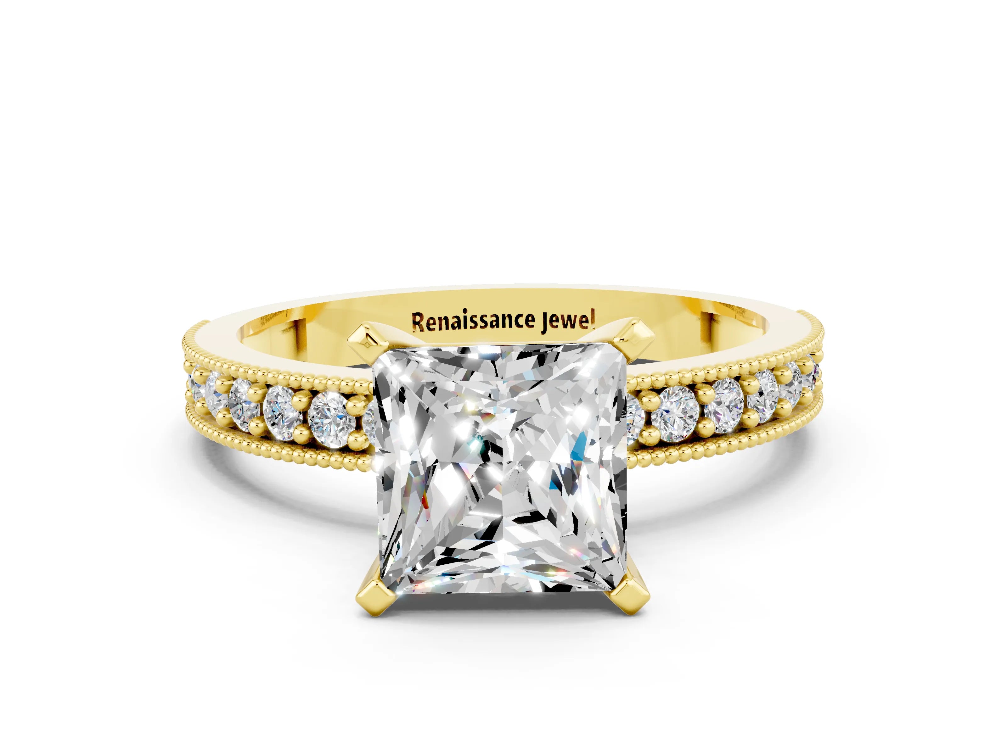 Yellow gold Princess Cut Moissanite Milgrain Pavé Engagement Ring with Four-Prong Setting_12