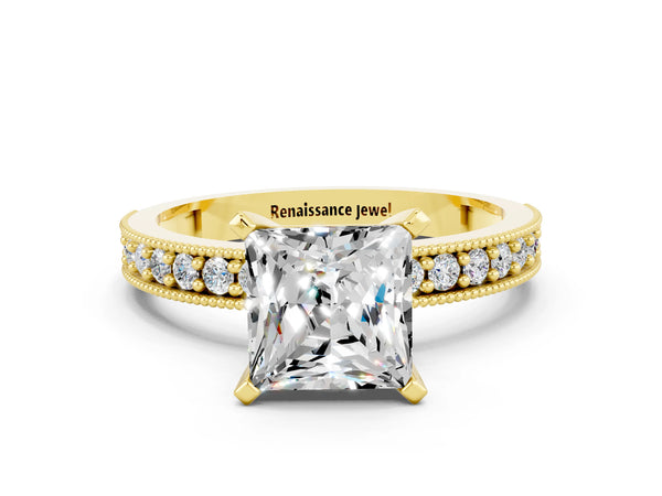 Yellow gold Princess Cut Moissanite Milgrain Pavé Engagement Ring with Four-Prong Setting
