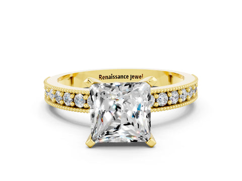 Yellow gold Princess Cut Moissanite Milgrain Pavé Engagement Ring with Four-Prong Setting_12