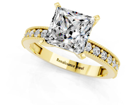 Yellow gold Princess Cut Moissanite Milgrain Pavé Engagement Ring with Four-Prong Setting_13