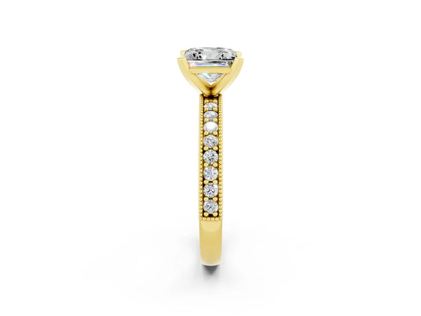 Yellow gold Princess Cut Moissanite Milgrain Pavé Engagement Ring with Four-Prong Setting