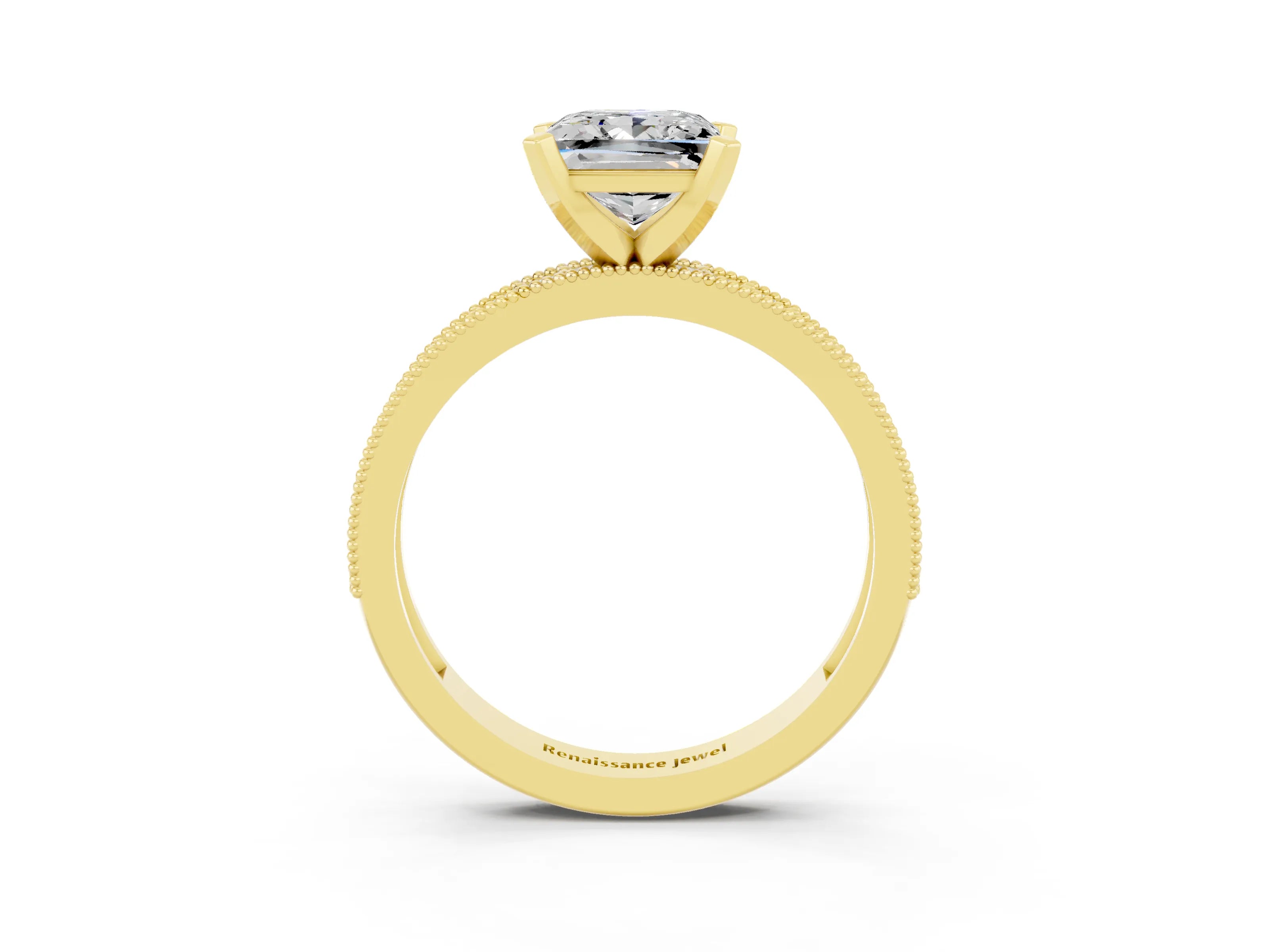 Yellow gold Princess Cut Moissanite Milgrain Pavé Engagement Ring with Four-Prong Setting_15