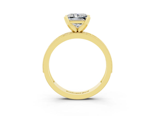 Yellow gold Princess Cut Moissanite Milgrain Pavé Engagement Ring with Four-Prong Setting