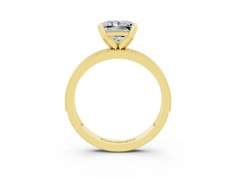 Yellow gold Princess Cut Moissanite Milgrain Pavé Engagement Ring with Four-Prong Setting_15
