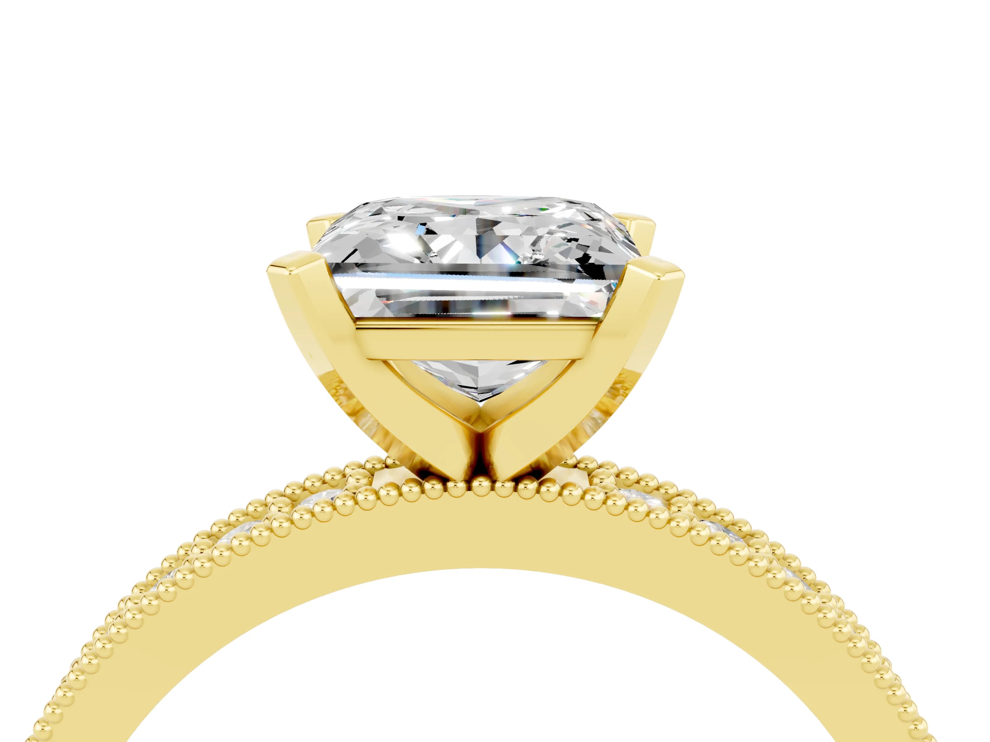 Yellow gold Princess Cut Moissanite Milgrain Pavé Engagement Ring with Four-Prong Setting_16