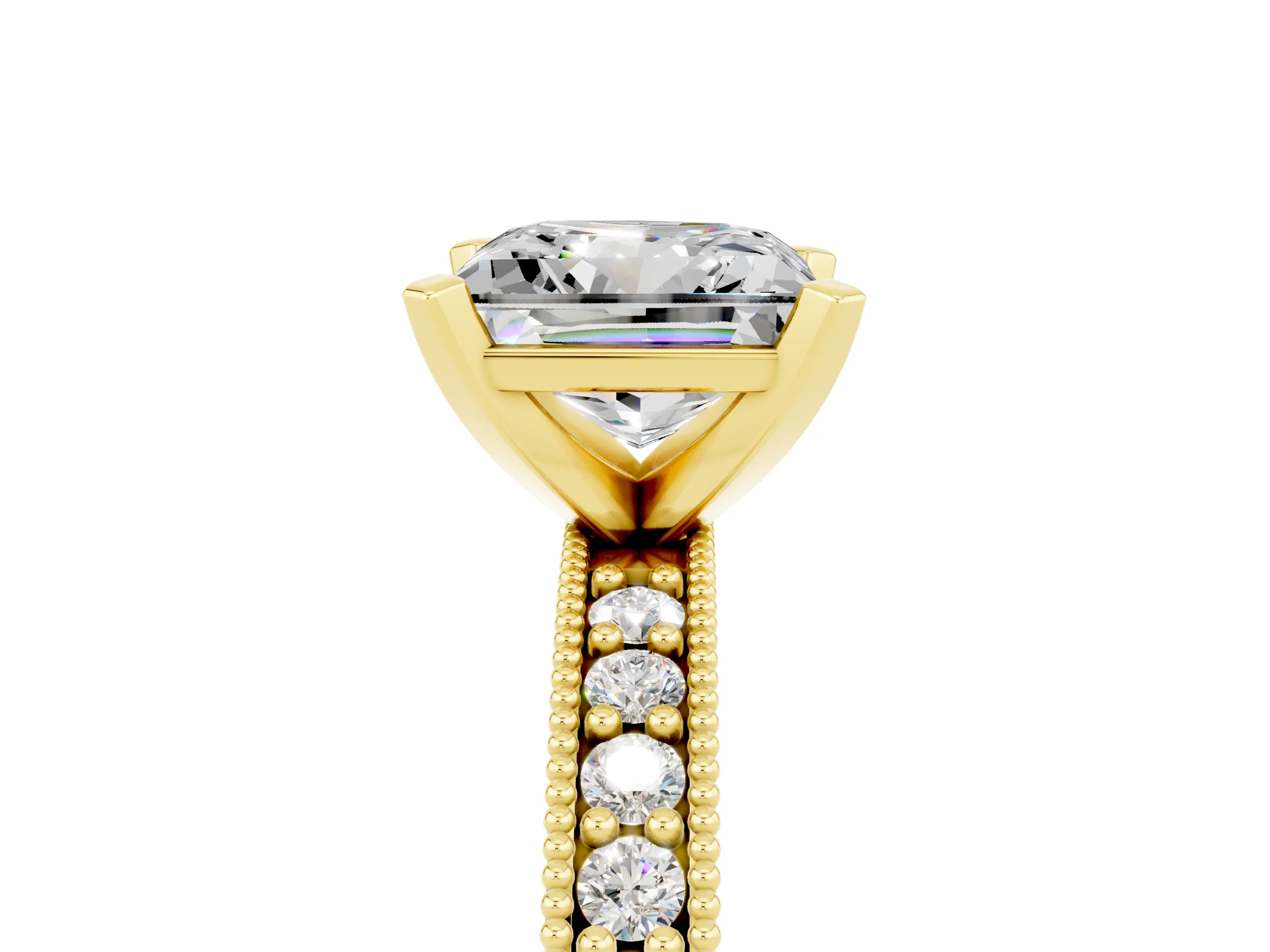 Yellow gold Princess Cut Moissanite Milgrain Pavé Engagement Ring with Four-Prong Setting_17
