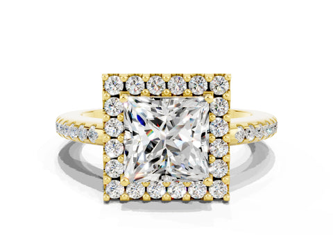 Yellow gold Princess Cut Moissanite Pavé Halo Ring with Four-Prong Setting_35