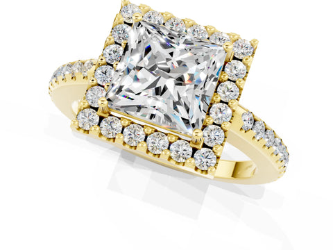 Yellow gold Princess Cut Moissanite Pavé Halo Ring with Four-Prong Setting_36