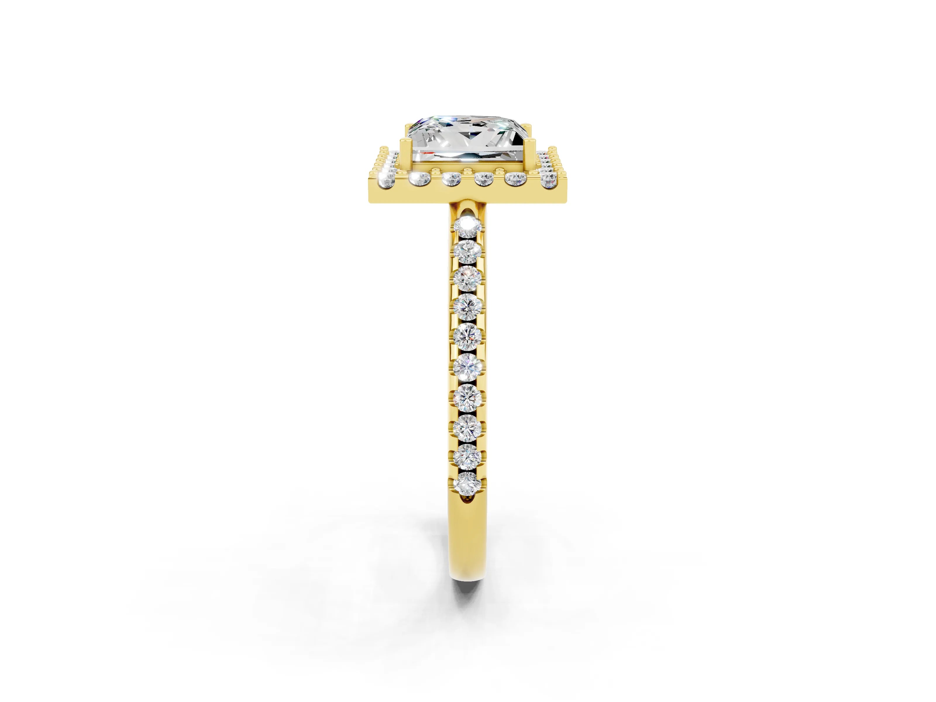 Yellow gold Princess Cut Moissanite Pavé Halo Ring with Four-Prong Setting_37