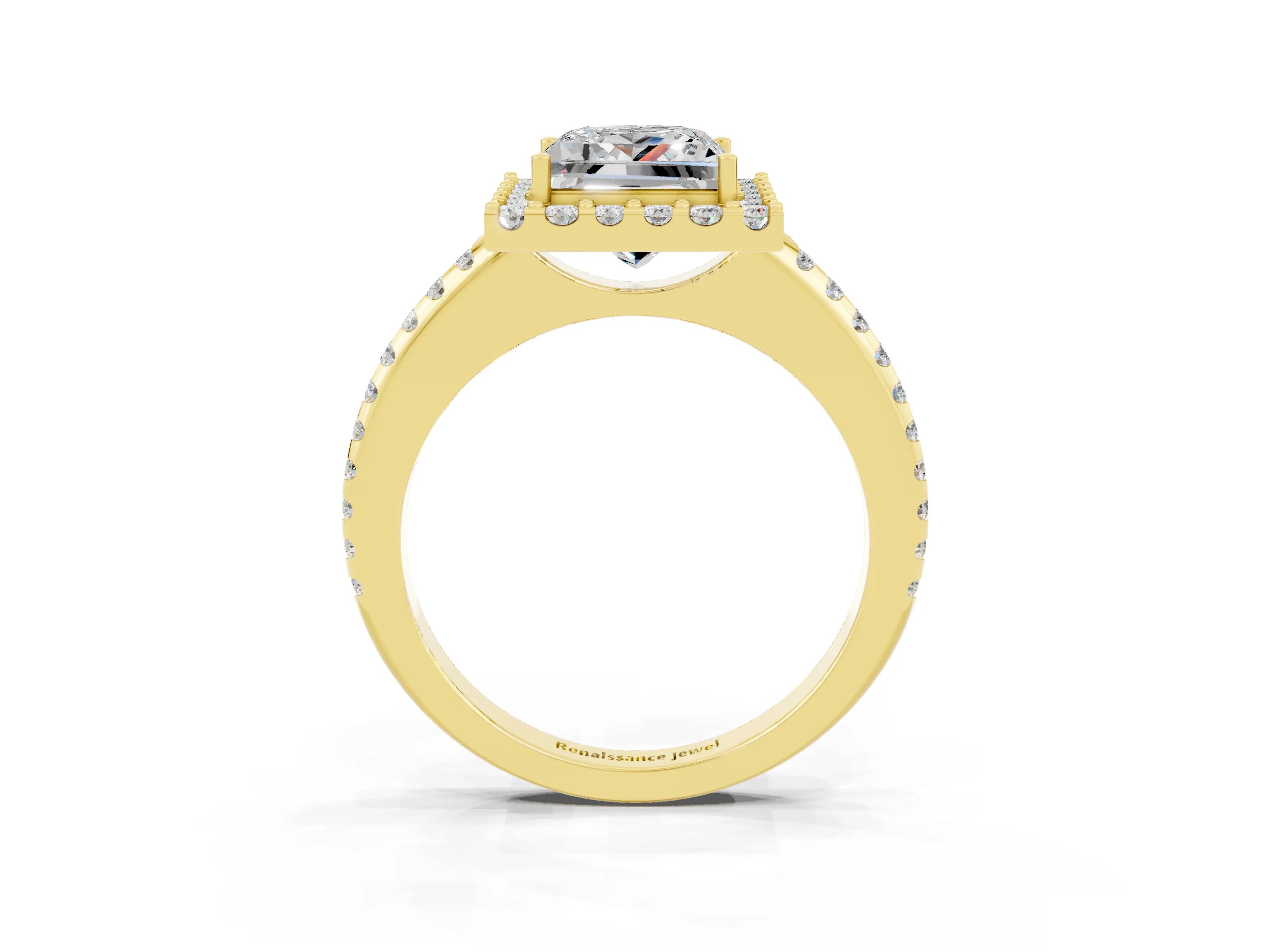 Yellow gold Princess Cut Moissanite Pavé Halo Ring with Four-Prong Setting_38