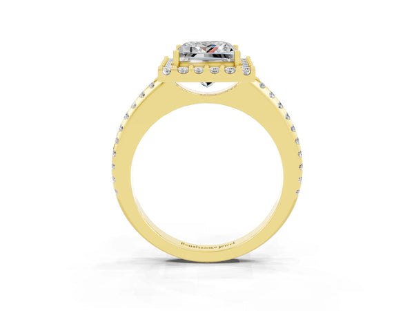 Yellow gold Princess Cut Moissanite Pavé Halo Ring with Four-Prong Setting