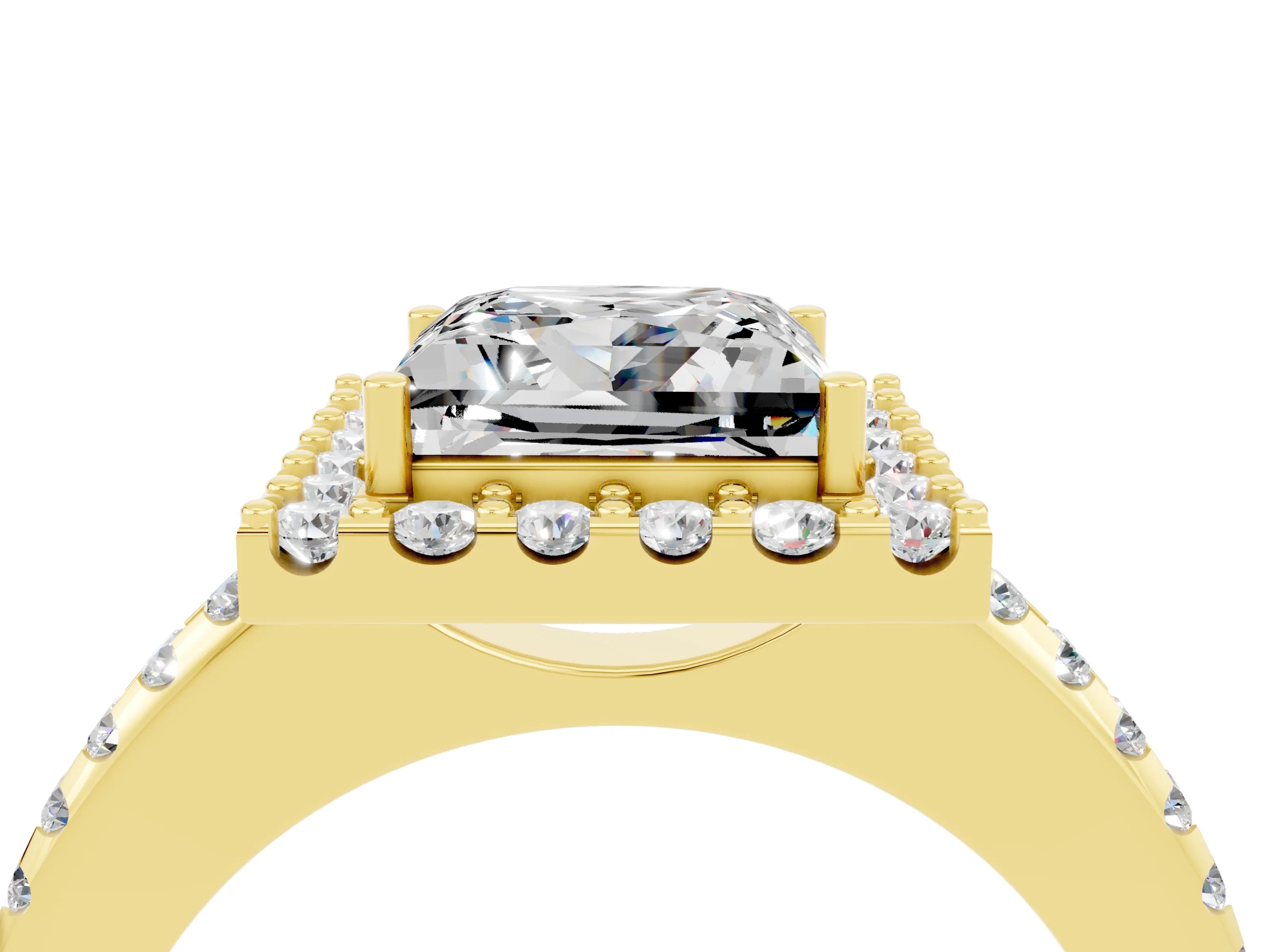 Yellow gold Princess Cut Moissanite Pavé Halo Ring with Four-Prong Setting_39