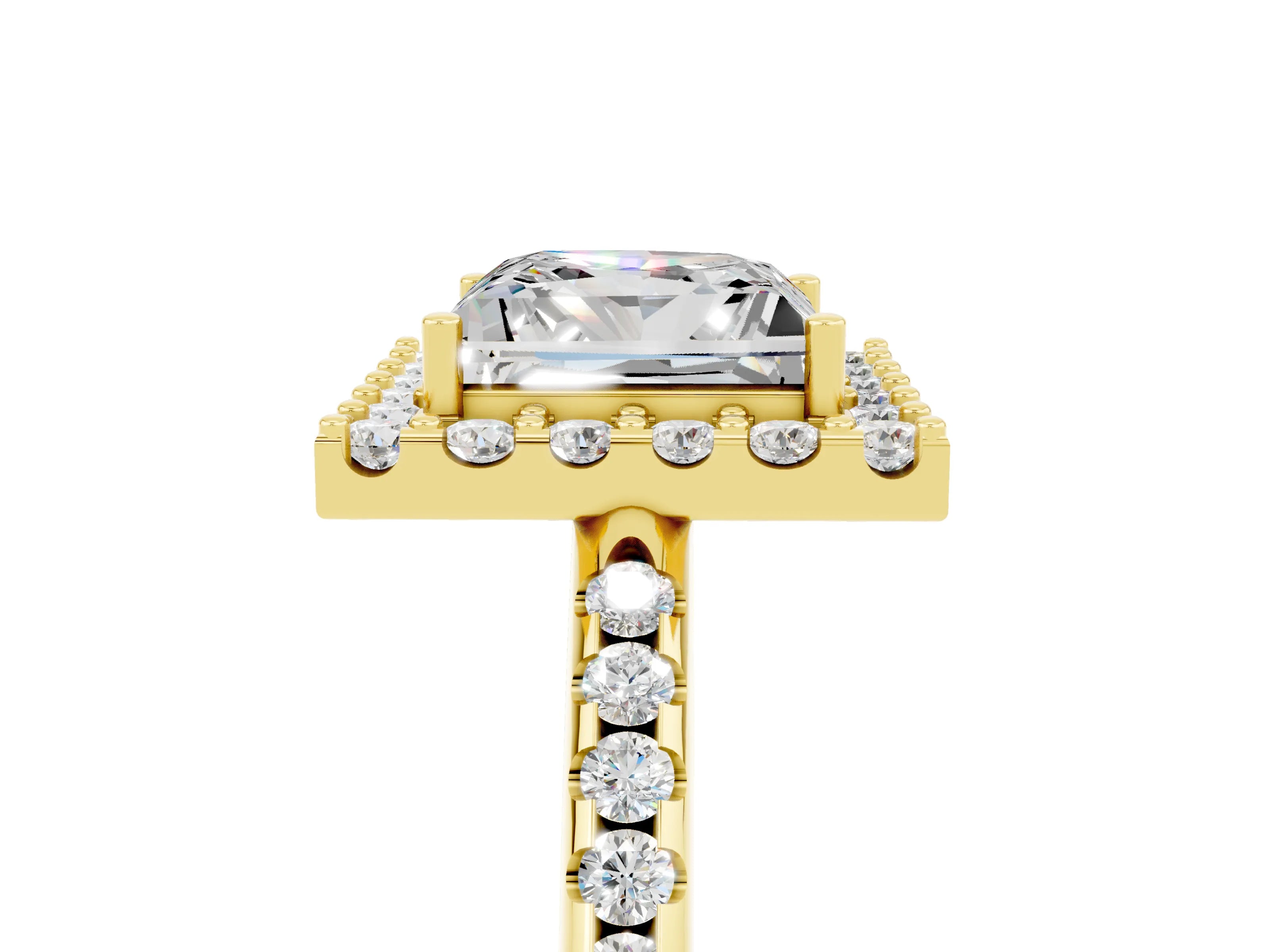 Yellow gold Princess Cut Moissanite Pavé Halo Ring with Four-Prong Setting_40