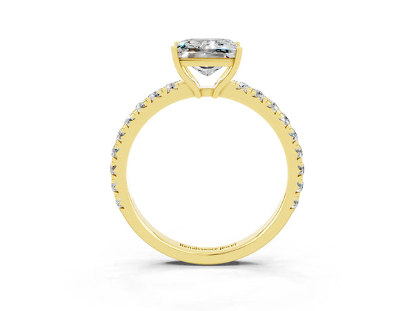 Yellow gold Princess Cut Moissanite Pavé Solitaire Engagement Ring with Four-Prong Setting