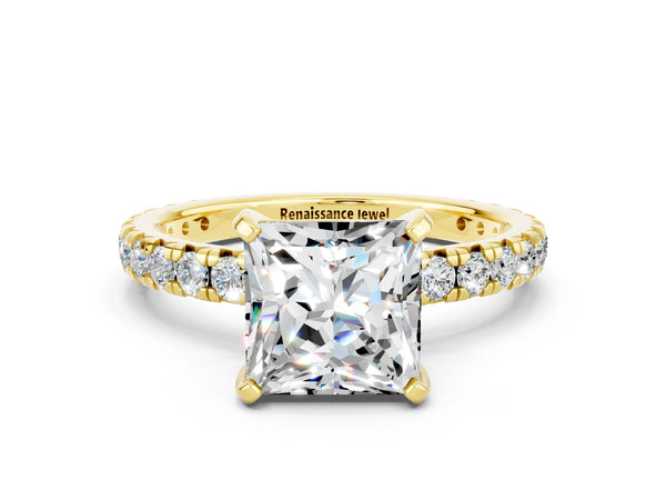 Yellow gold Princess Cut Moissanite Pavé Solitaire Ring with Round Band and Prong Setting