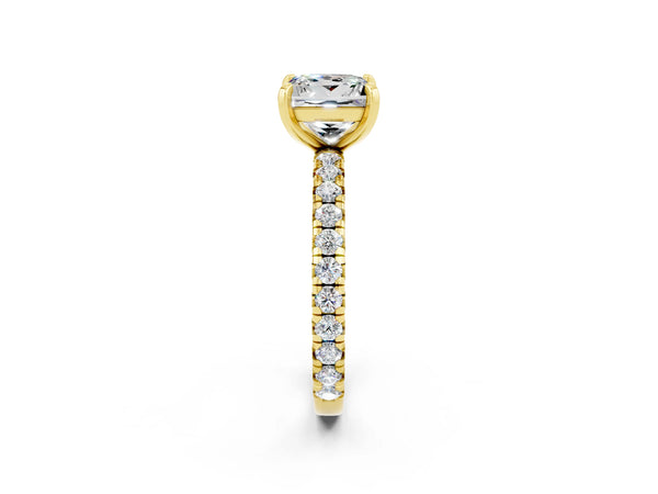 Yellow gold Princess Cut Moissanite Pavé Solitaire Ring with Round Band and Prong Setting