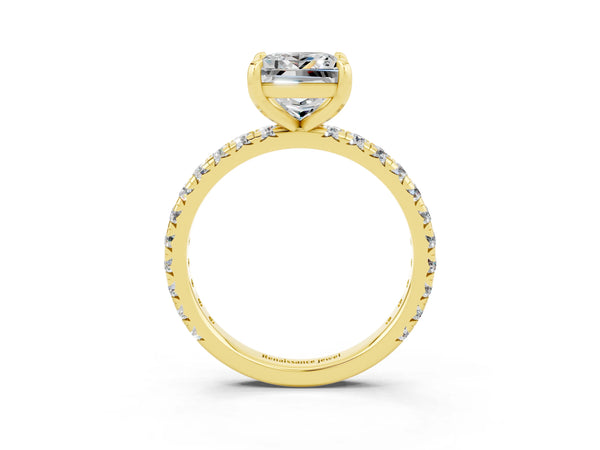 Yellow gold Princess Cut Moissanite Pavé Solitaire Ring with Round Band and Prong Setting