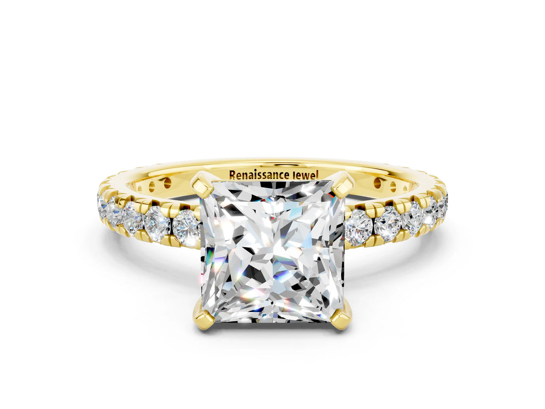 Yellow gold Princess Cut Moissanite Pavé Solitaire Ring with Round Band and Prong Setting_24