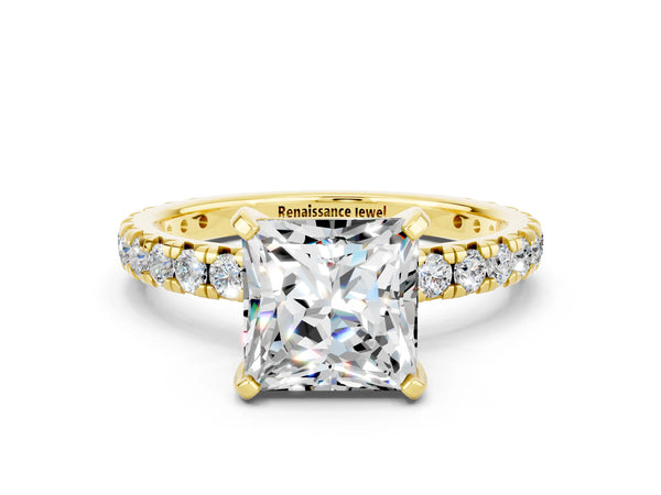 Yellow gold Princess Cut Moissanite Pavé Solitaire Ring with Round Band and Prong Setting