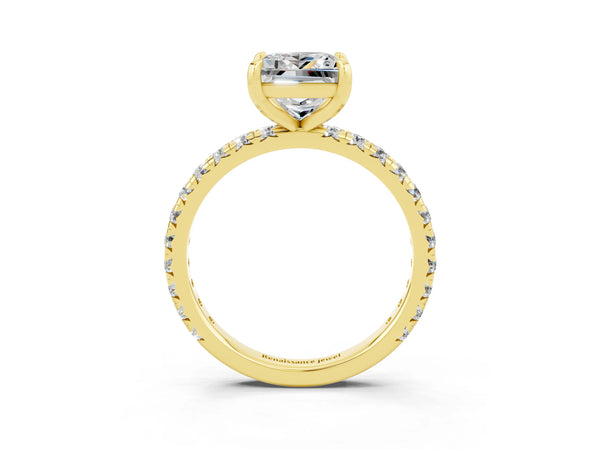Yellow gold Princess Cut Moissanite Pavé Solitaire Ring with Round Band and Prong Setting