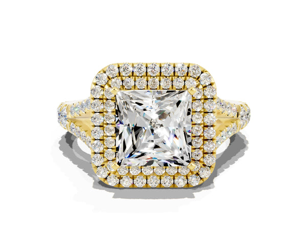 Yellow gold Princess Cut Moissanite Pavé Split Shank Double Halo Engagement Ring