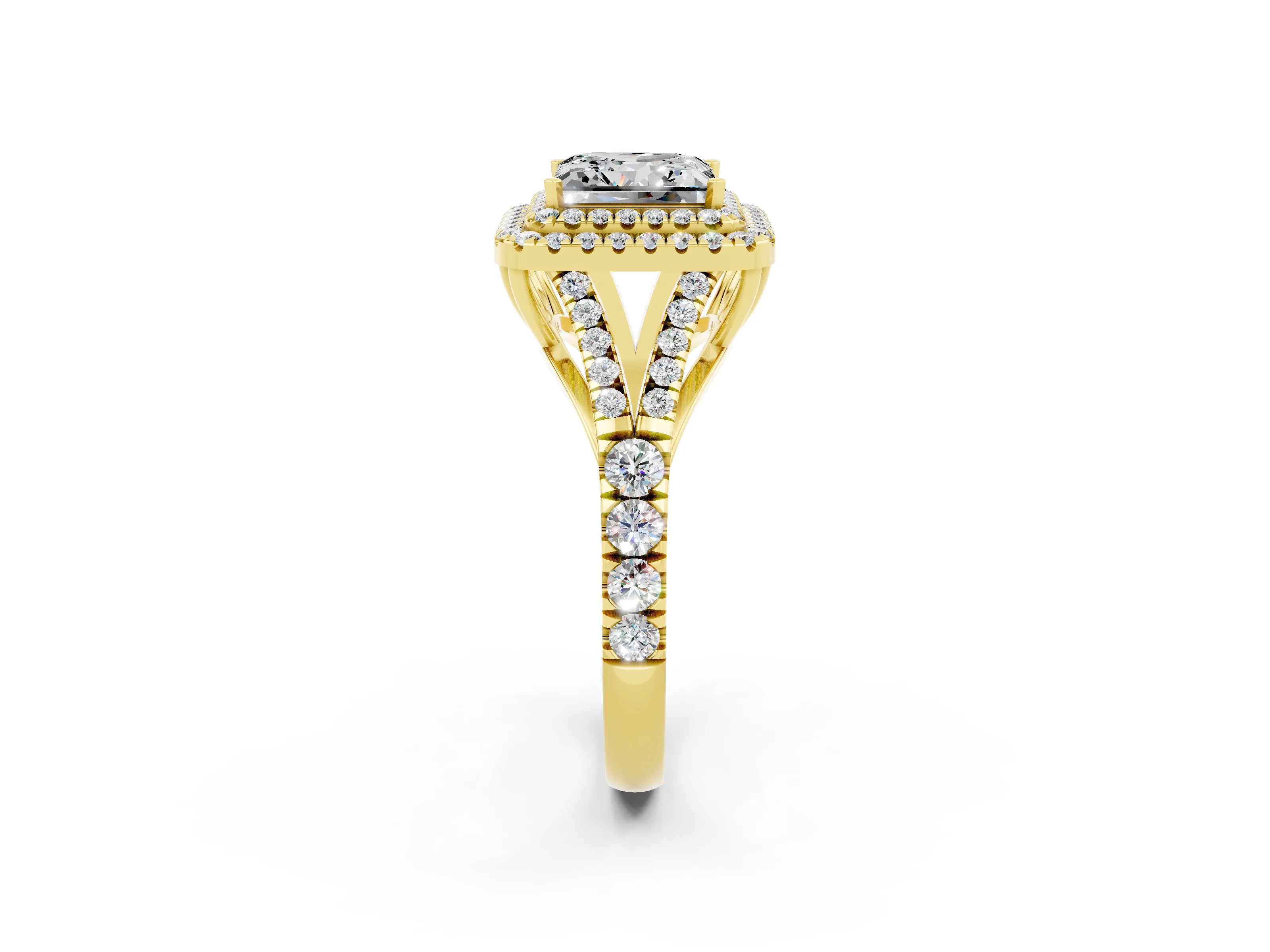 Yellow gold Princess Cut Moissanite Pavé Split Shank Double Halo Engagement Ring_2