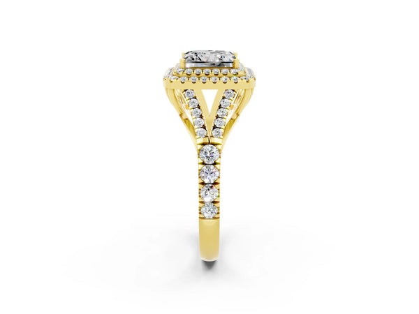 Yellow gold Princess Cut Moissanite Pavé Split Shank Double Halo Engagement Ring