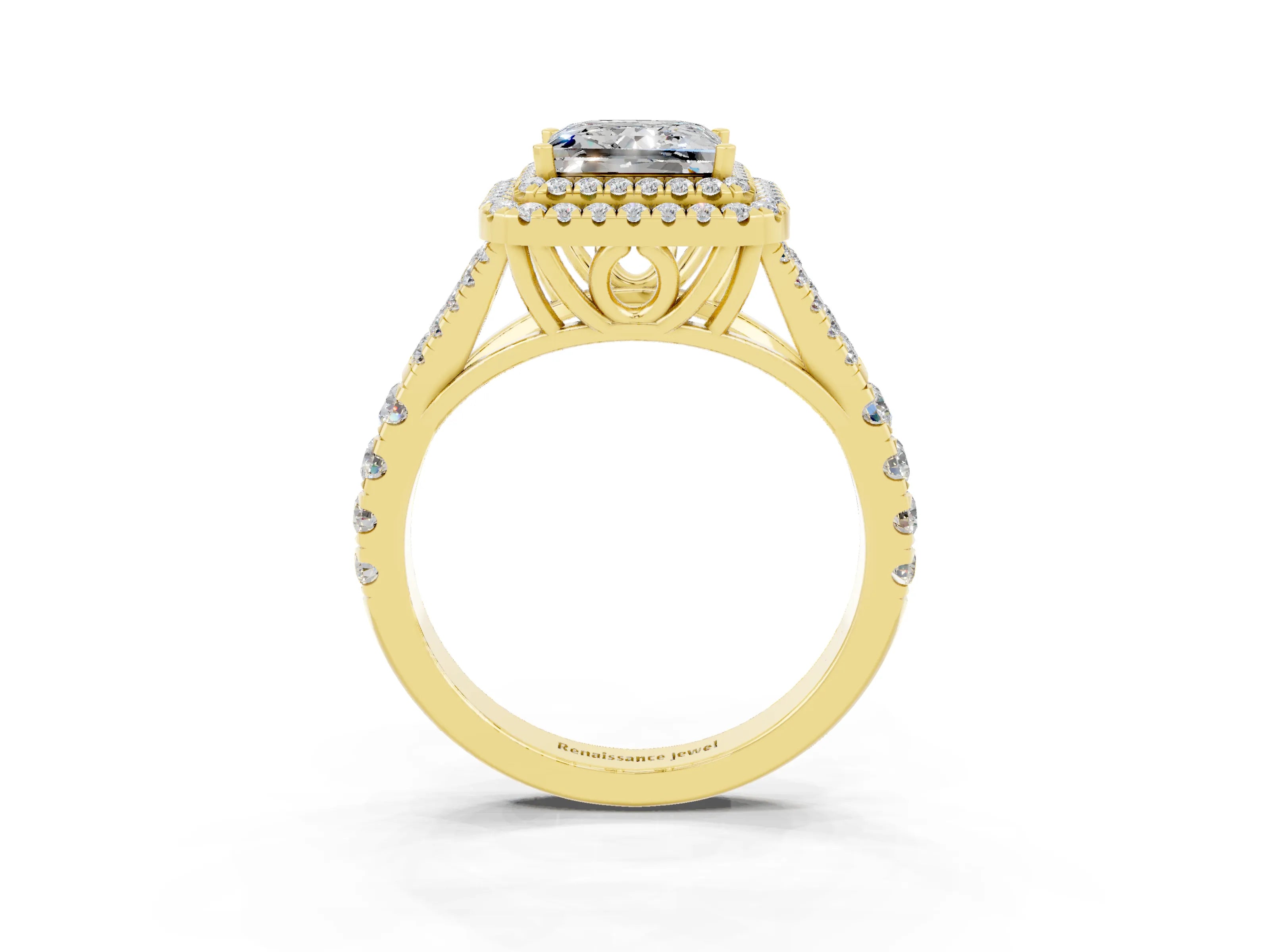 Yellow gold Princess Cut Moissanite Pavé Split Shank Double Halo Engagement Ring_3