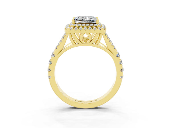 Yellow gold Princess Cut Moissanite Pavé Split Shank Double Halo Engagement Ring