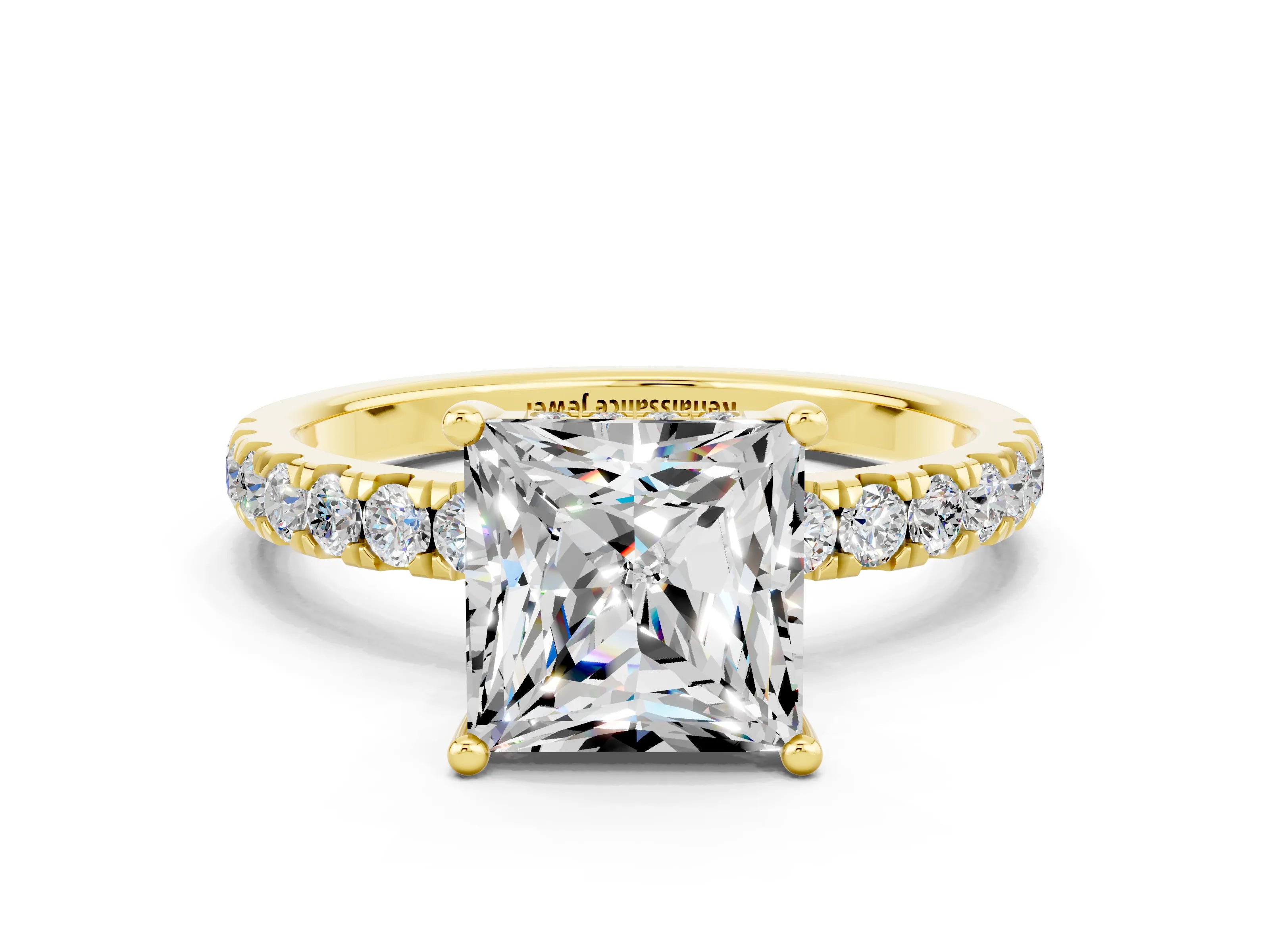 Yellow gold Princess Cut Moissanite Pave Band Solitaire Ring with Four-Prong Setting_24