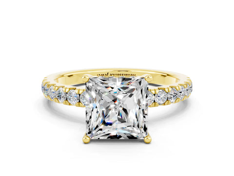 Yellow gold Princess Cut Moissanite Pave Band Solitaire Ring with Four-Prong Setting_24
