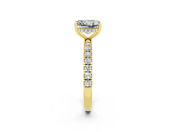 Yellow gold Princess Cut Moissanite Pave Band Solitaire Ring with Round  and Prong Setting