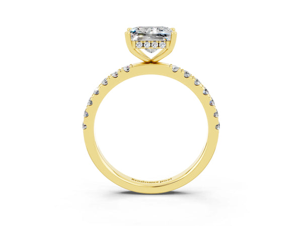 Yellow gold Princess Cut Moissanite Pave Band Solitaire Ring with Round  and Prong Setting