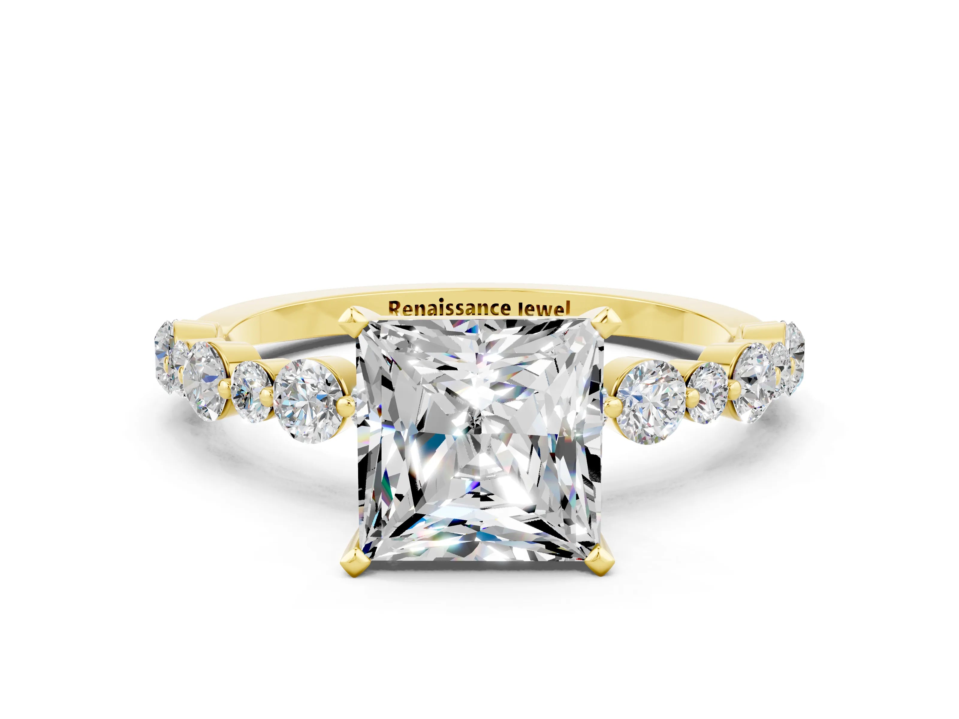 Yellow gold Princess Cut Moissanite Prong Set Engagement Ring with Pavé Band