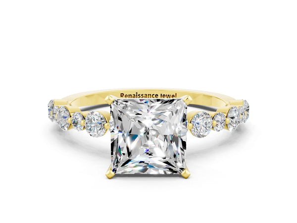 Yellow gold Princess Cut Moissanite Prong Set Engagement Ring with Pavé Band