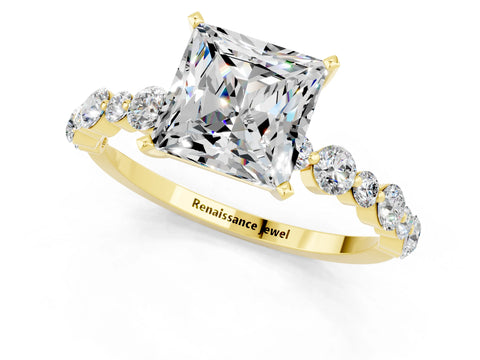 Yellow gold Princess Cut Moissanite Prong Set Engagement Ring with Pavé Band_1