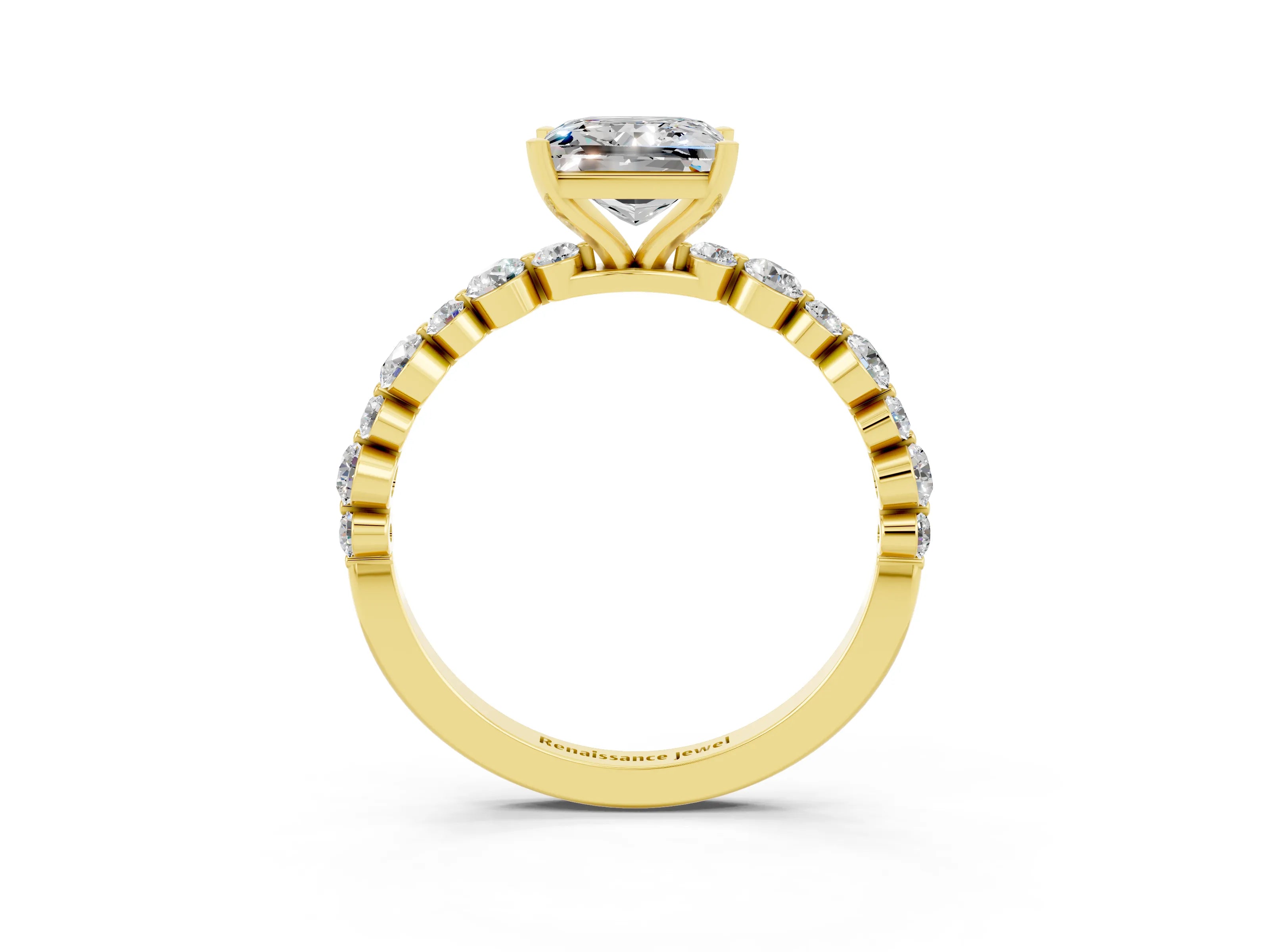 Yellow gold Princess Cut Moissanite Prong Set Engagement Ring with Pavé Band_3