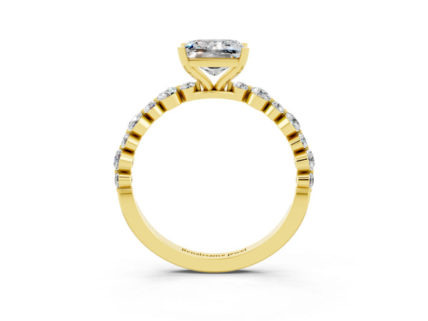 Yellow gold Princess Cut Moissanite Prong Set Engagement Ring with Pavé Band