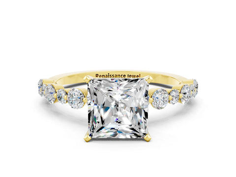 Yellow gold Princess Cut Moissanite Prong Set Engagement Ring with Pavé Band