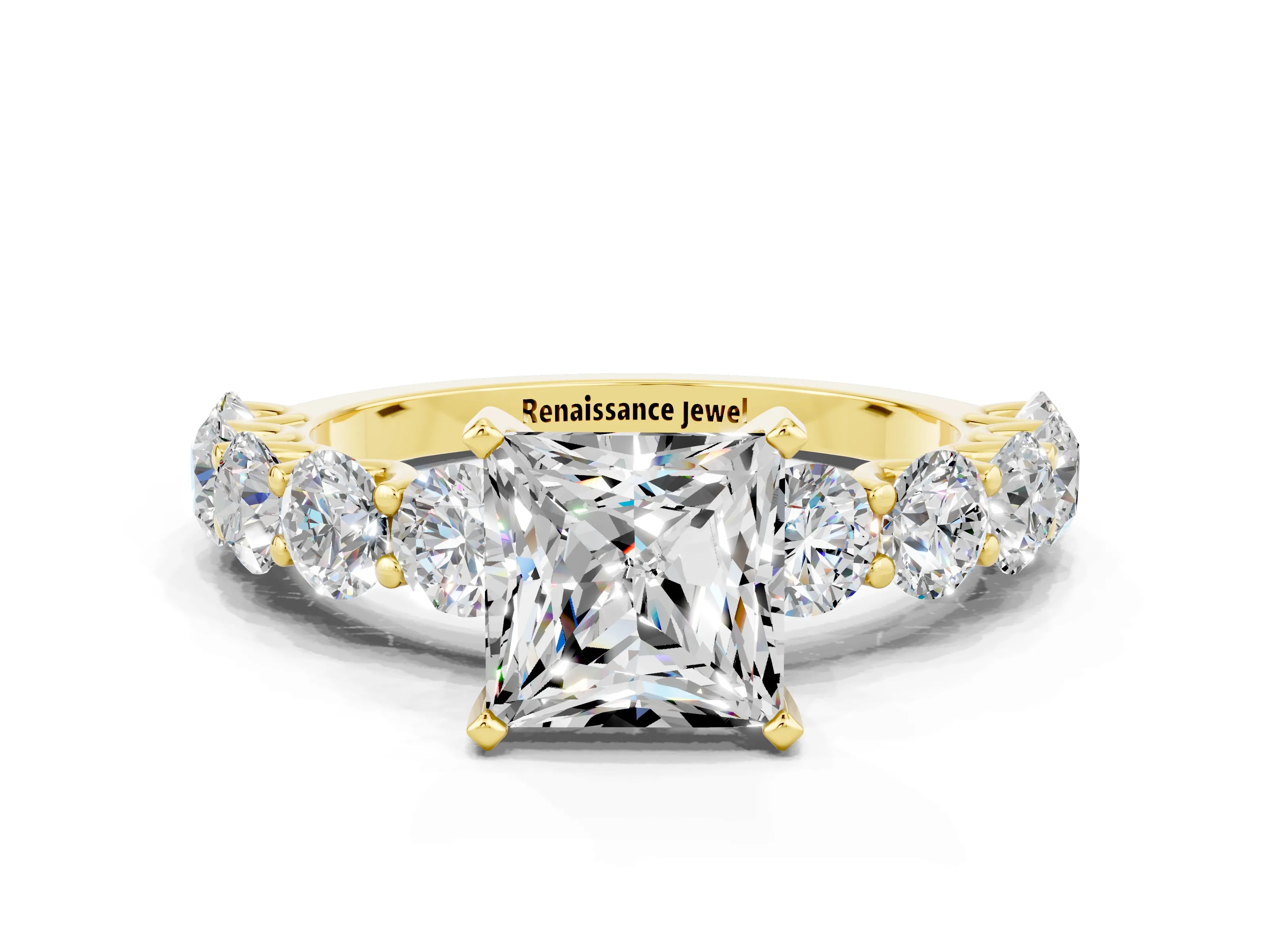 Yellow gold Princess Cut Moissanite Prong Setting with Side Stones on a Pave Band